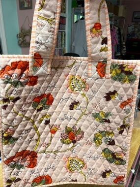 POL Quilted Floral Tote in Pink with Orange & Green Accents